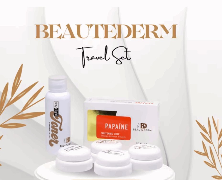 Beautederm travel mini set display on a round white table.