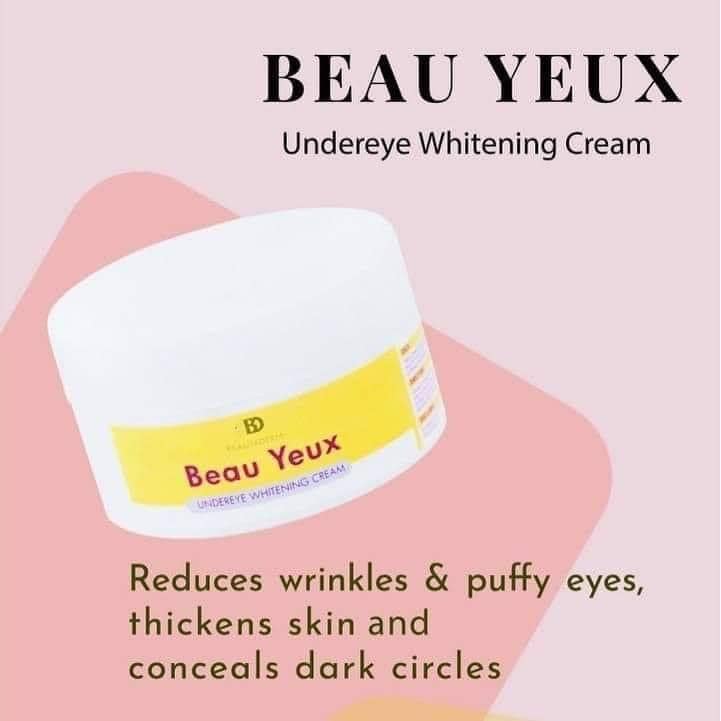 Beautederm BeauYeux undereye whitening Cream and with its benefits described in clear text underneath it.