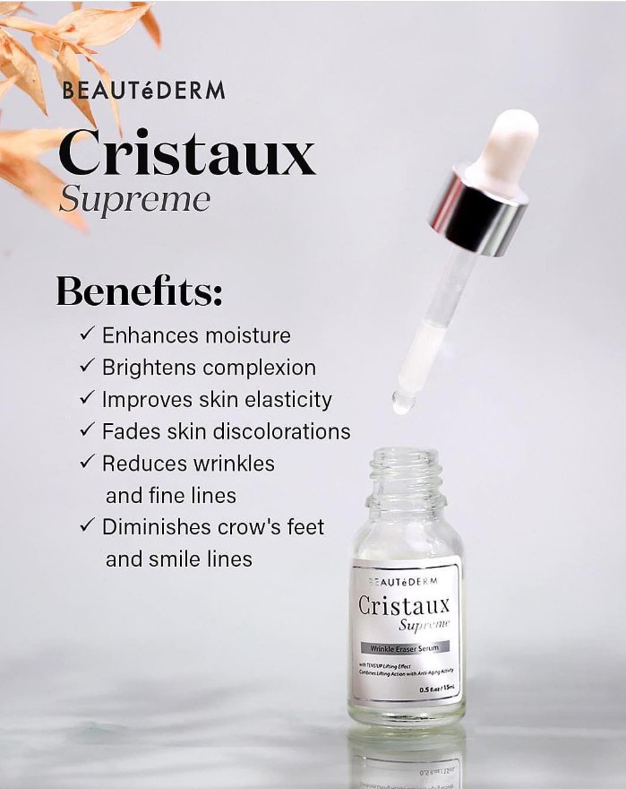 Cristaux Supreme Serum by beautederm -benefits writtent in text form beside serum bottle