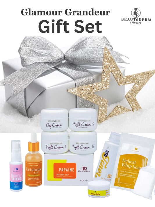 Beautederm gift set -This Set Contains: Regular Set - 60ml Toner (2 months Use ) Delicat Whip Soap (120g) Beau Yeux Undereye Whitening Cream Cristaux Gold Elixir Serum (30ml) Barely There 3 in 1 Liquid Foundation 30ml