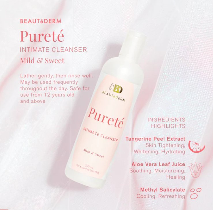 Purete Intimate Cleanser (200ml) - Mild & Sweet bottle with benefits and ingredients highlights written in text form | beautederm products