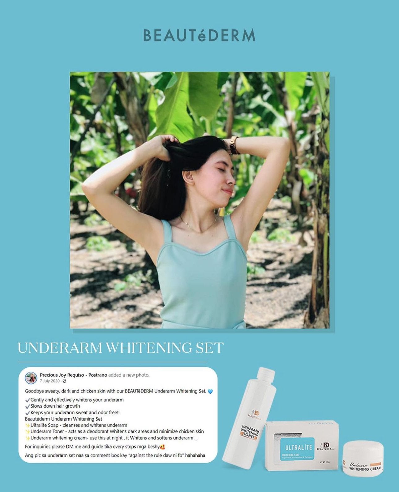 Underarm whitening set- happy customer testimonial showing picture of her.